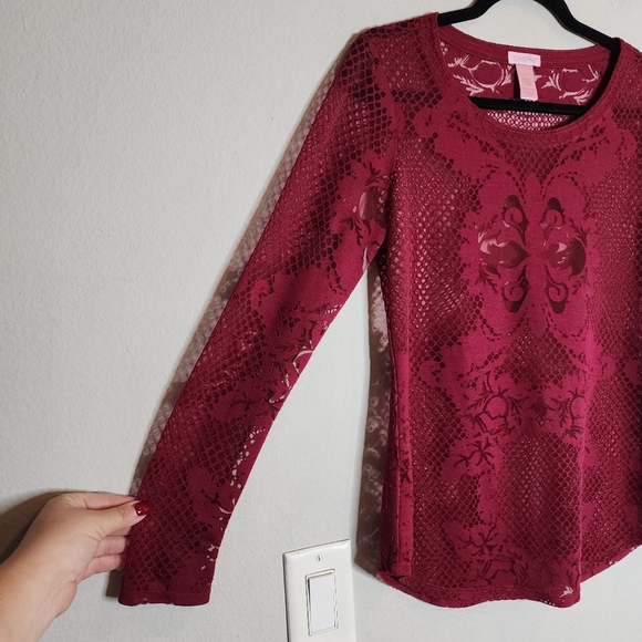 CACHE Burnout Sheer Maroon Long Sleeve Shirt Size Small - Picture 14 of 15